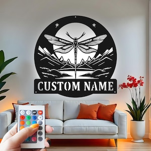 Custom Dragonfly Metal Wall Art with LED: Mountain Cabin Decor