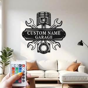 Custom Garage Metal Sign with LED Light - Personalized Mechanic Decor
