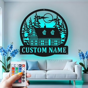 Decorazione murale in metallo con cabina personalizzata e luce a LED, decorazione personalizzata per cottage, scena rustica nella foresta, regalo per casa sul lago, cartello per esterni
