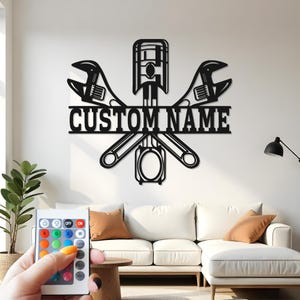 Custom Mechanic Tools Metal Wall Art with LED Light: Personalized Garage Decor