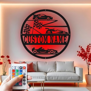 Custom Racing Car LED Metal Wall Art: Personalized Garage Decor