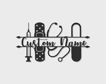Placa personalizada com nome de enfermeira e LED | Arte em metal personalizada para instrumentos médicos (Presente para enfermeira)