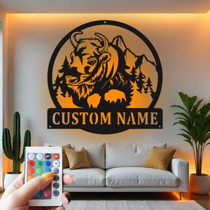 Buffalo Custom Sign Metal Wall Decor With Led Light , Wildlife Bison Decor, Nature Mountain Gift for Cabin Lodge