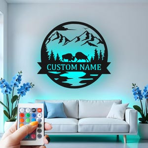 Buffalo Led Light Custom Sign Metal Wall Decor, Wildlife Mountain Decor, Rustic Outdoor Cabin Gift, Nature Scene Wall Hanging