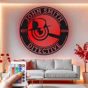 Detective Custom Sign Metal Wall Decor With Led Light , Investigator Decor, Unique Gift for Private Eye Office, Spy Agency Sign