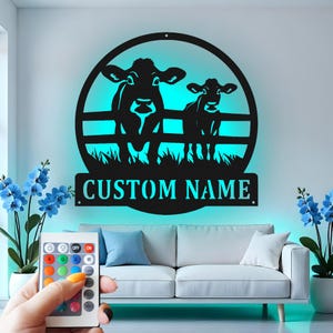 Custom Cow Metal Wall Art: LED Farmhouse Family Name Sign