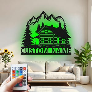 Decorazione murale in metallo personalizzata con luce LED, decorazione rustica per baita di montagna, decorazione personalizzata con nome di famiglia per soggiorno