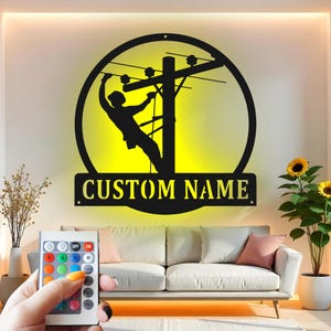 Lineman Custom Sign Metal Wall Decor With Led Light , Electrician Gift, Utility Worker Decor, Powerline Worker Gift Idea