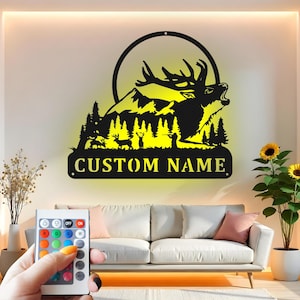 Deer Custom Sign Metal Wall Decor With Led Light , Wildlife Hunter Decor, Rustic Cabin Wall Hanging Gift for Hunter