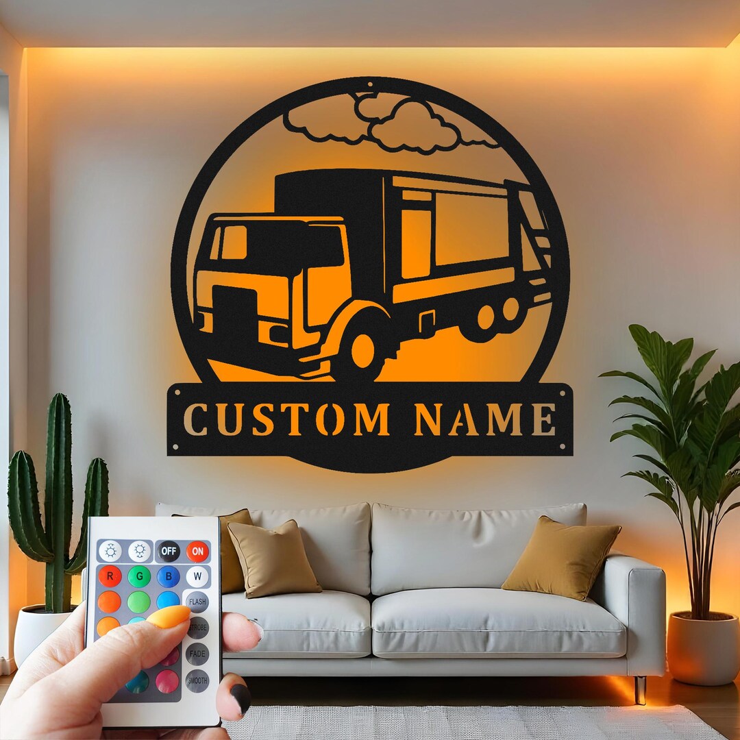 Custom Garbage Truck Metal Wall Art: LED Light Decor, Sanitation Worker ...