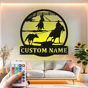 Custom Cowboy Roping Cattle Metal Wall Art with LED Light