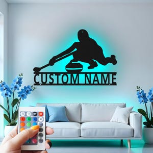 Custom Curling Player LED Metal Wall Art: Personalized Sports Decor