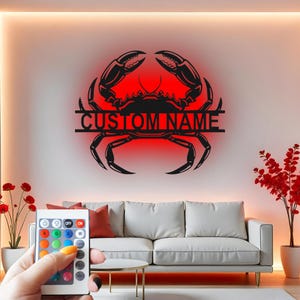 Letrero de cangrejo personalizado de metal para pared con luz LED, decoración de casa de playa, regalo náutico costero para amantes de los mariscos, decoración de patio exterior.