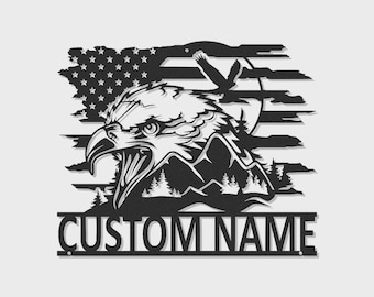 Decoración de pared metálica personalizada con águila y bandera estadounidense, con luces LED – Decoración patriótica para la cueva del hombre