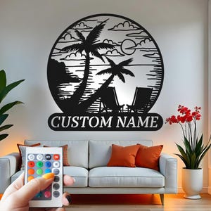 Beach Scene Led Light Custom Sign Metal Wall Decor, Tropical Palm Tree Decor, Coastal Home Accent, Beach House Gift