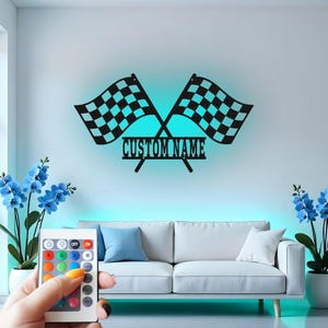 Custom LED Racing Flags Metal Wall Art: Personalized Garage Decor