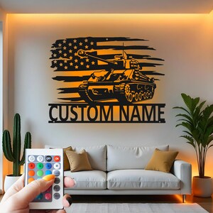 Military Tank Custom Sign Metal Wall Decor With Led Light , Army Veteran Gift, Patriotic Custom Sign Metal Wall Decor Decor