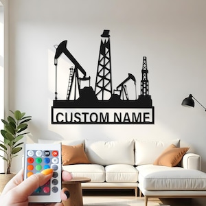 Oil Rig Custom Sign Metal Wall Decor With Led Light , Oilfield Worker Gift, Industrial Drilling Decor for Office, Man Cave
