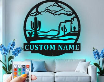 Arte de pared de metal con cactus del desierto personalizado y luz LED