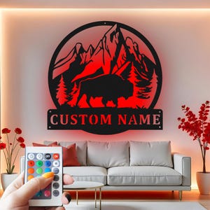 Buffalo Custom Sign Metal Wall Decor With Led Light , Mountain Wildlife Custom Sign Metal Wall Decor, Cabin Decor Gift for Nature Lover