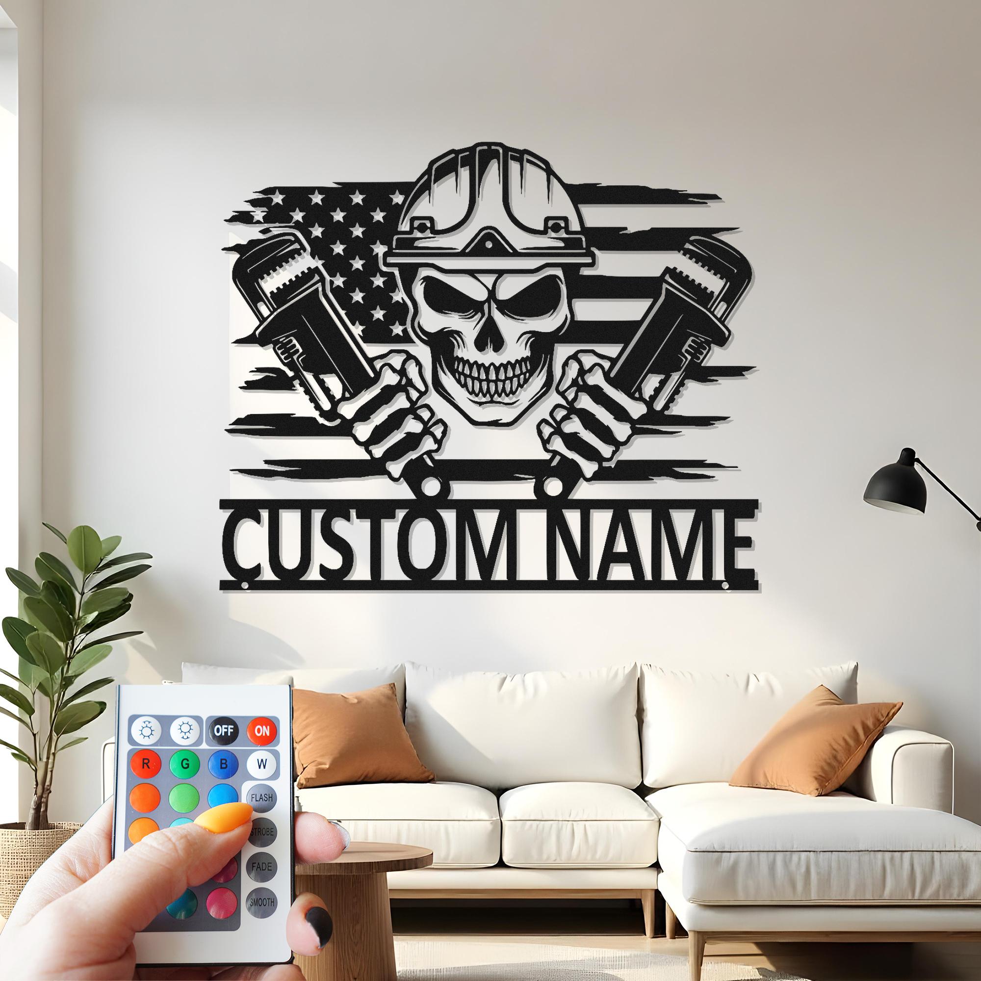 Custom Plumber Skull LED Metal Wall Art: Personalized Garage Decor