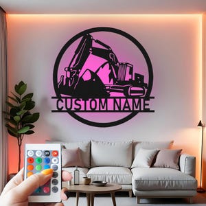 Custom Excavator Metal Wall Art with LED: Personalized Construction Gift