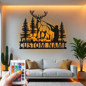 Deer Hunting Custom Sign Metal Wall Decor With Led Light , Hunter Outdoor Wildlife Scene Decor, Hunter Gift for Cabin