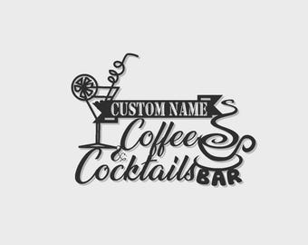 Custom Coffee & Cocktails Bar Metal Wall Art with LED Lighting | Personalized Home Bar Decor