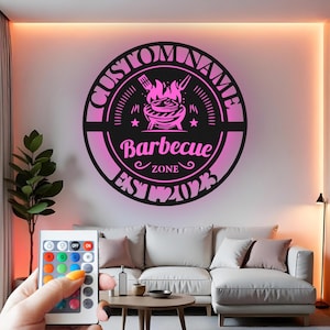BBQ Grill Led Light Custom Sign Metal Wall Decor, Barbecue Zone Decor, Outdoor Cooking Gift, Grill Master Patio Sign