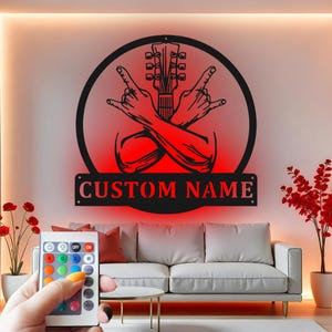 Guitar Sign Metal Wall Decor With Led Light , Rock Music Sign Metal Wall Decor, Guitarist Gift, Music Room Decor, Band Studio Decor