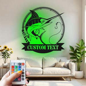 Custom Marlin Fishing Metal Wall Art: LED Nautical Decor