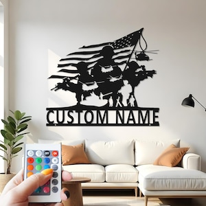 Militärsoldat kundenspezifische Zeichen-Metallwand-Dekor mit geführtem Licht, Vaterländischer US-Armeeveteran-Geschenk, Hauptdekor