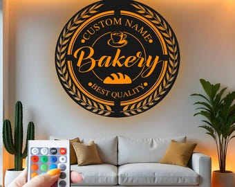 Custom Bakery LED Light Metal Wall Art: Personalized Kitchen Decor