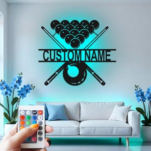 Kundenspezifische LED-Billard-Tisch-Metallwand-Kunst: Personalisiertes Spiel-Raum-Dekor