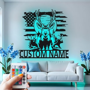 Deer Hunter Custom Sign Metal Wall Decor With Led Light , Hunting Decor, Wildlife Scene, Rustic Cabin Gift for Outdoorsman