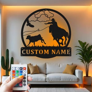 Custom Cowboy Roping LED Metal Wall Art: Ranch Decor