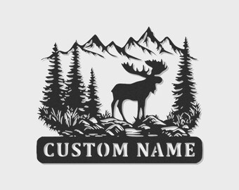 Custom Moose Mountain Metal Wall Art with LED Lights – Personalized Cabin Decor