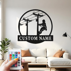 Lineman Custom Sign Metal Wall Decor With Led Light , Lineman Gift, Utility Worker Decor, Electrician Gift, Power Line Wall Hanging