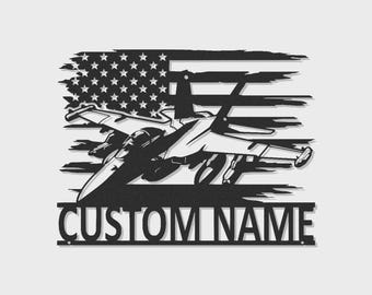 Custom Fighter Jet Metal Sign | Personalized LED Wall Art, US Flag Decor