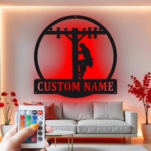 Lineman Custom Sign Metal Wall Decor With Led Light , Electrician Gift, Utility Worker Decor, Power Line Worker Wall Art