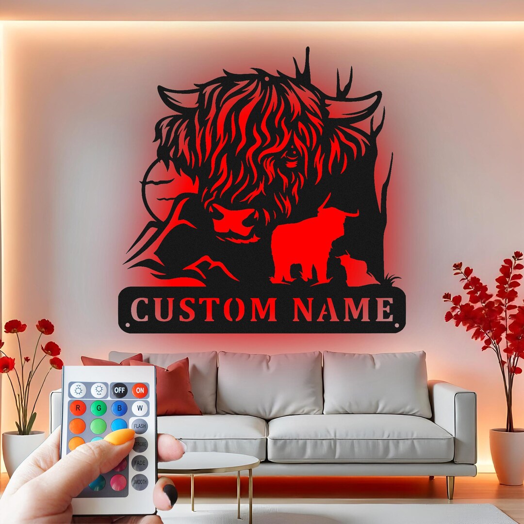 Highland Cow Custom Sign Metal Wall Decor With Led Light , Scottish Cow ...