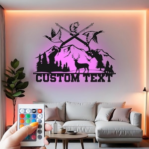 Hunting Custom Sign Metal Wall Decor With Led Light , Hunter Decor with Deer, Ducks & Fish, Outdoor Cabin Gift for Hunters