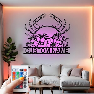 Custom Crab Metal Wall Art with Floral LED Lights