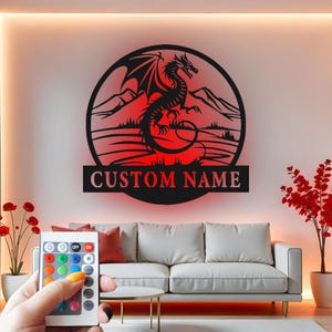 Custom Dragon Metal Wall Art With Led Light , Personalized Fantasy Dragon Decor, Unique Gift for Gamer, Mythical Creature Wall Hanging Decor