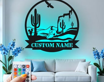 Arte de pared metálico personalizado del desierto: Decoración LED con escena de montaña