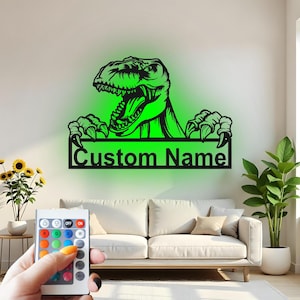 Dinosaur Custom Sign Metal Wall Decor With Led Light , Dino T-Rex Decor, Boys Room Jurassic Custom Sign Metal Wall Decor Gift