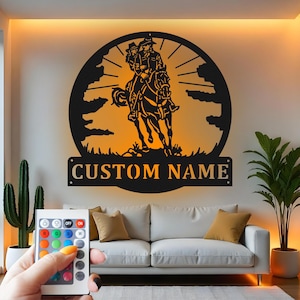 Custom Cowboy Riding Horse Metal Wall Art with RGB LED Light