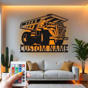 Dump Truck Custom Sign Metal Wall Decor With Led Light , Construction Vehicle Decor, Heavy Equipment Gift for Boys Room