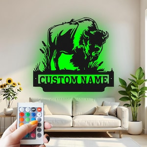 Aangepaste metalen led-muurkunst Buffalo: rustiek cabinedecor