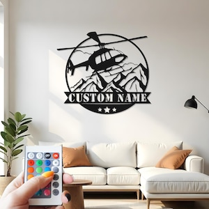 Helicopter Metal Wall Art With Led Light, Pilot Gift, Aviation Decor, Mountain Scene Wall Hanging, Helicopter Pilot Gift